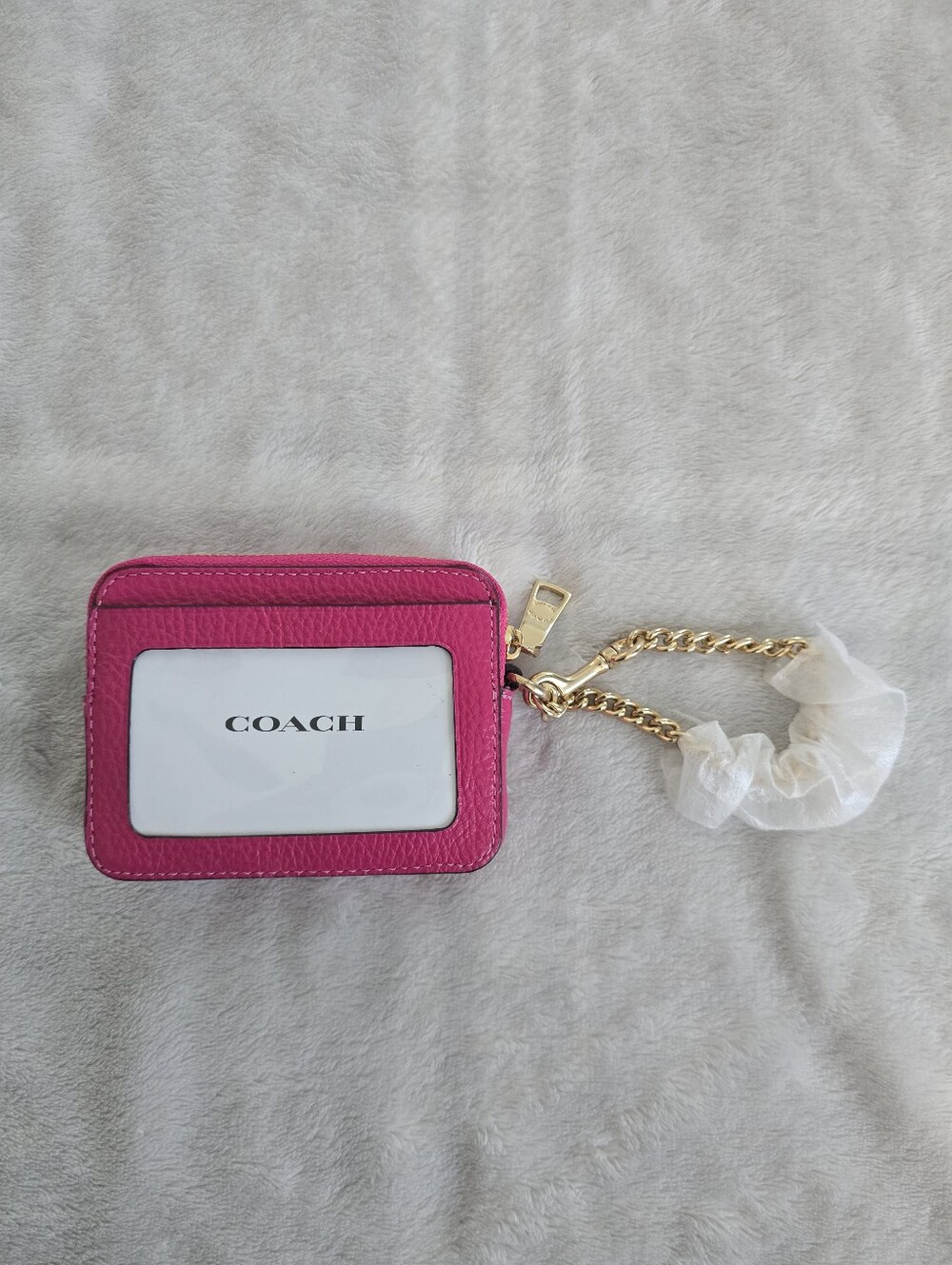 COACH Bold Pink Leather Card Case with Gold Chain